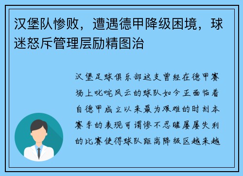 汉堡队惨败，遭遇德甲降级困境，球迷怒斥管理层励精图治