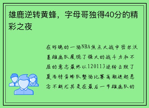 雄鹿逆转黄蜂，字母哥独得40分的精彩之夜